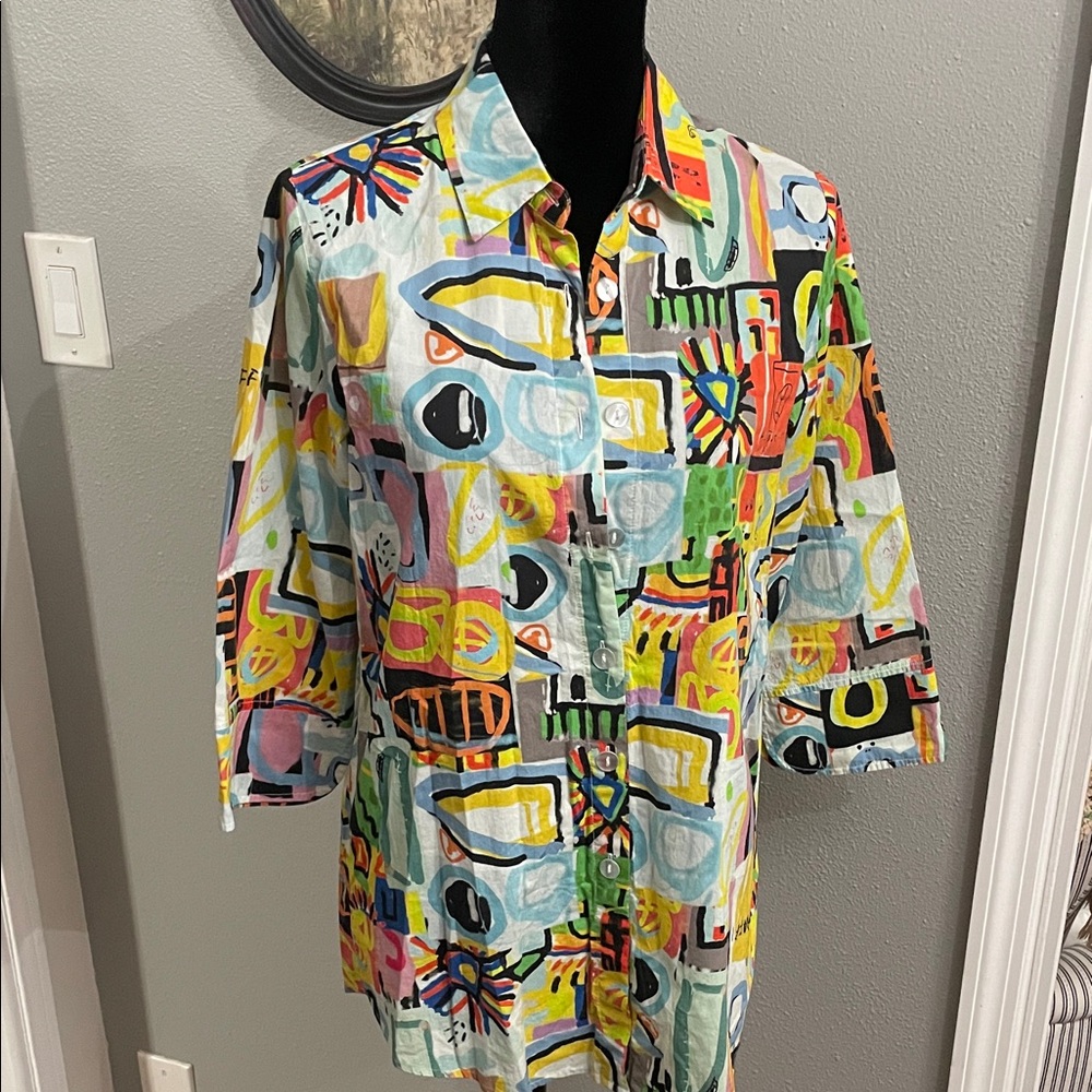 Shana Colorful Abstract Art Graffiti Print Shirt/Tunic with Zipper Back